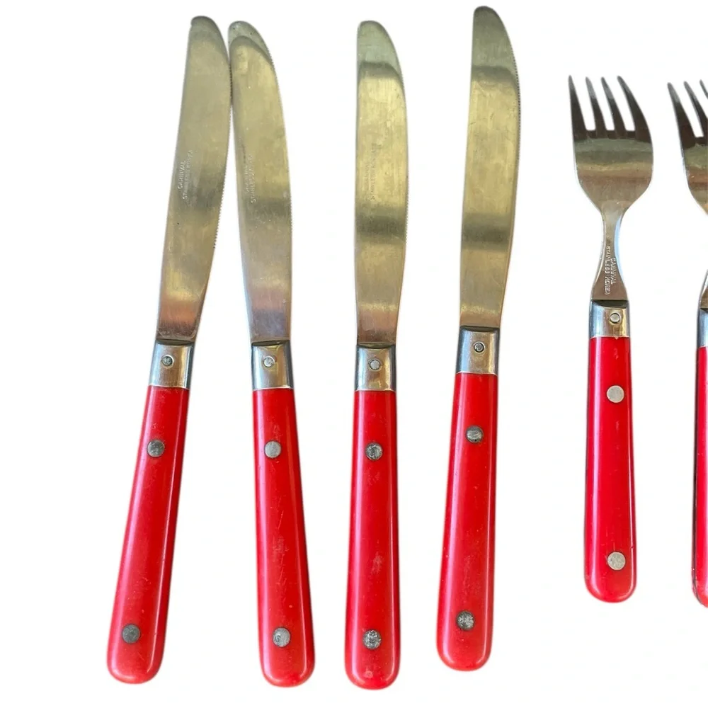 12 Vintage Wesley Carnival Flatware Set Stainless Steel Knives Forks Spoons Red